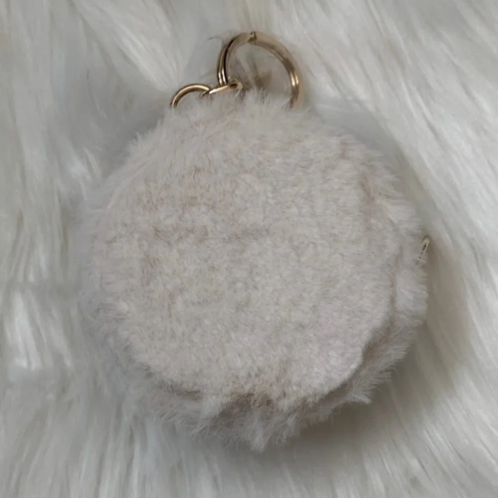 FURLA Faux Fur and Leather Round Logo Coin Purse Key Ring in Ivory - Picture 3 of 5